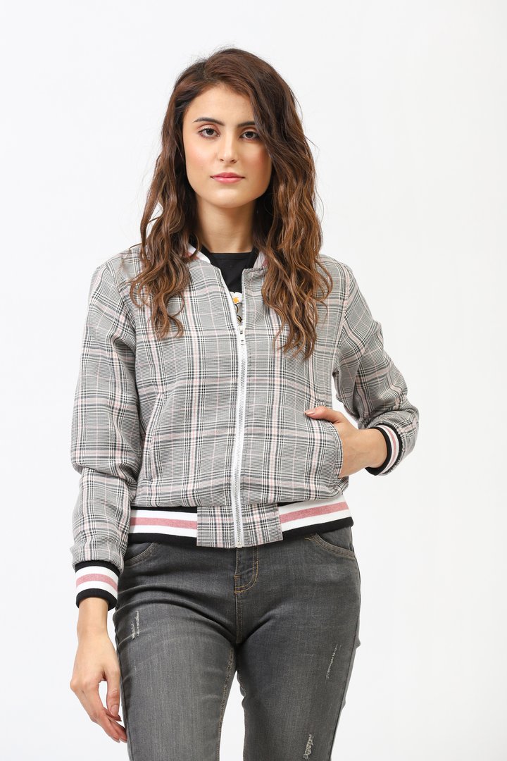 Checkered Bomber Jacket With Contrast Ribs